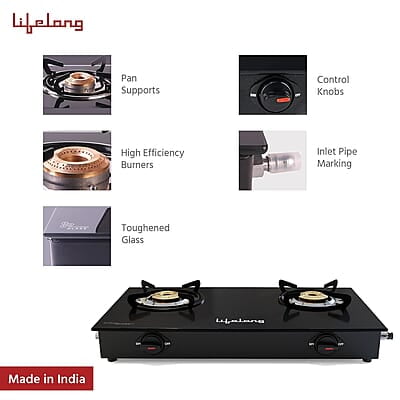 Lifelong 2 Burner Gas Stove Top for Kitchen - Manual Ignition Cooktop Modern Glass Stove for Modular Kitchen, ISI Certified