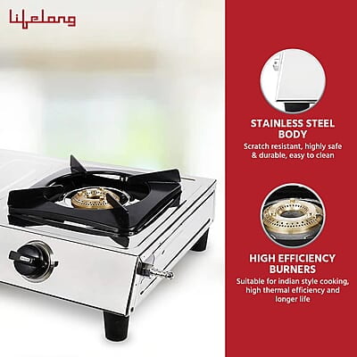 Lifelong 2 Burner Gas Stove Top for Kitchen - Manual Ignition Cooktop with Stainless Steel for Kitchen, ISI Certified