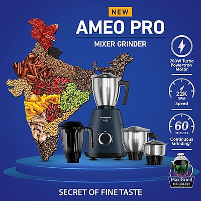 CROMPTON AMEO PRO 750W 4 Jars Mixer Grinder with MaxiGrind and Motor Vent-X Technology