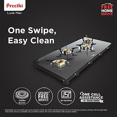 Preethi Luxe Max 4 Burner Glass Top Gas Stove With Driptray Less Infinity Design
