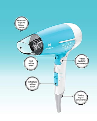 Havells 1200 Watts Foldable Hair Dryer; 3 Heat Settings With Cool Shot (Hot/Cool/ Warm), Heat Balance Technology