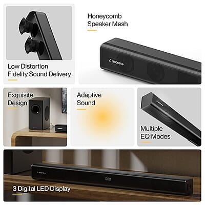 Ambrane 120W, 2.1 Channel Home Theatre with Remote,Subwoofer for Extra Deep Bass, HDMI ARC, Optical, BT v5.0, LED Display, Wall Mount and AUX