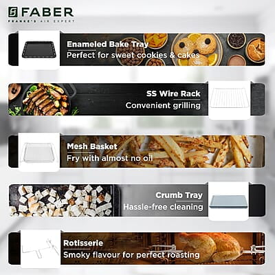 Faber Air Fryer Oven 25L, Digital Control, Bake Tray, SS Wire Tray & Basket, Crumb Tray, Rotisserie Kit