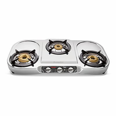 Preethi Topaz Stainless Steel 3 Burner Gas Stove, Manual Ignition