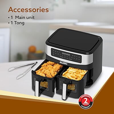 AGARO Imperial Dual Basket Digital Air Fryer, Independent 4.5L Basket, 10 Preset Cooking Modes, 360° Air Circulation, Convection, Digital Touch Display, 2400W AGARO Imperial Dual Basket Digital Air Fryer, Independent 4.5L Basket, 10 Preset Cooking Modes, 360° Air Circulation, Convection, Digital Touch Display, 2400W