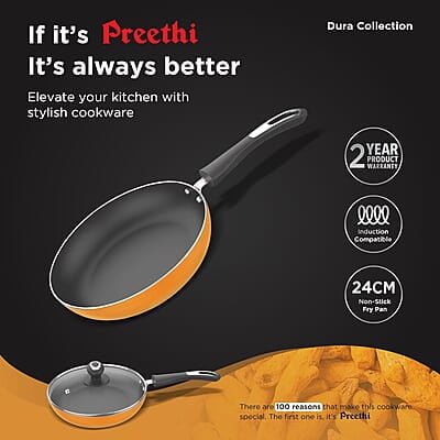 Preethi Dura Collection Non Stick Fry Pan, 24 cm, with Glass Lid, Gas & Induction Compatible