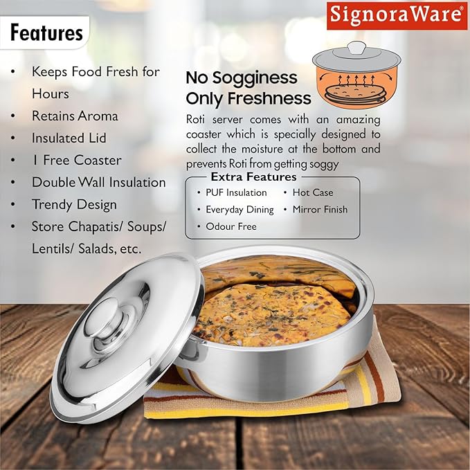 Signora ware  Roti Server  Casserole With Steel Lid & Glass Lid 1500 ML