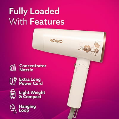 AGARO HD 1217 Hair Dryer, 2 Speed 3 Temperature Settings, Cool Shot, Foldable handle, 1800Watts