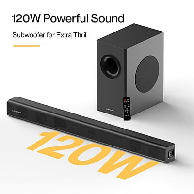 Ambrane 120W, 2.1 Channel Home Theatre with Remote,Subwoofer for Extra Deep Bass, HDMI ARC, Optical, BT v5.0, LED Display, Wall Mount and AUX
