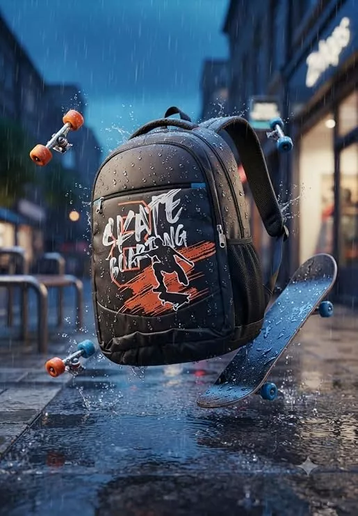 Skateboarding Graphic Backpack, Grey with Orange Print