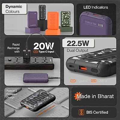 Ambrane 10000mAh Rugged, Slim & Compact Powerbank, 22.5W Fast Charging, USB & Type C Output