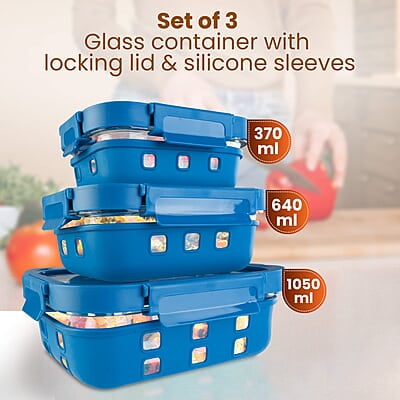 AGARO Imperial Borosilicate Glass Containers with Silicone Sleeves & with Lock Lid, 3 pcs Set, 370ml, 640ml, 1050ml