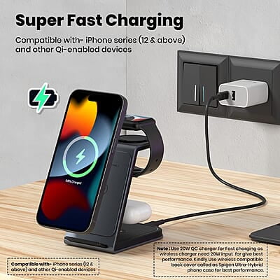 Portronics Freedom Trio 15w 3in1 Wireless Charger for iPhone 15/15 Plus/15 Pro/15 Pro Max, iPhone 14/14 Plus/14 Pro/Max, iPhone 13/12/11 Series, iWatches and AirPods etc.