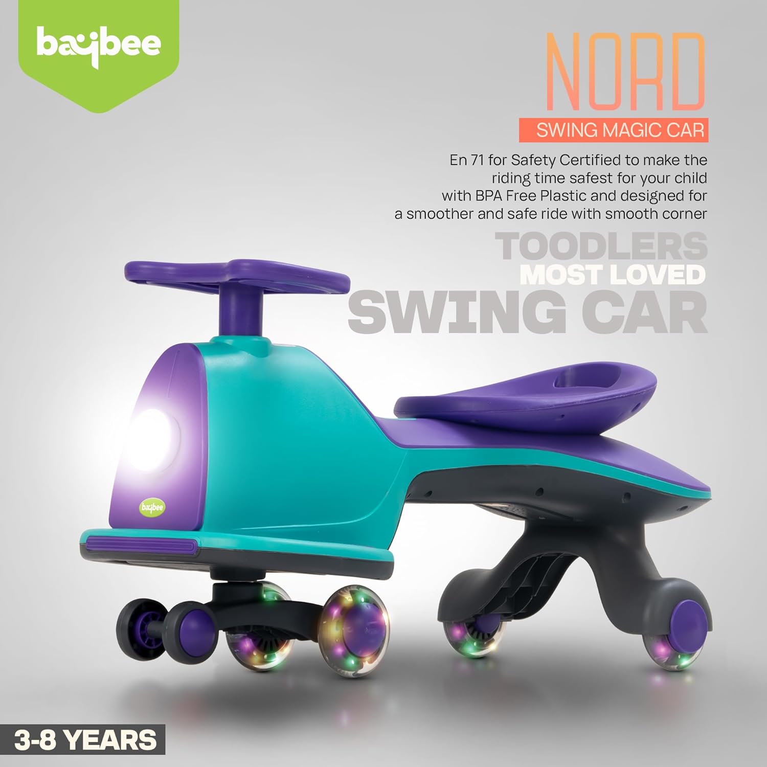 Baybee Nord Kids Magic Swing Car for Kids- Green/Violet