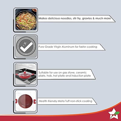 Wonderchef Royal Velvet Wok with Lid 24cm, Red Wonderchef Royal Velvet Wok with Lid 24cm, Red