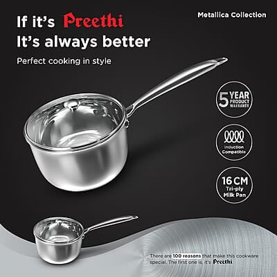 Preethi Metallica Collection Triply Stainless Steel Milk Pan with Glass Lid, 16 cm, Gas & Induction Compatible Preethi Metallica Collection Triply Stainless Steel Milk Pan with Glass Lid, 16 cm, Gas & Induction Compatible