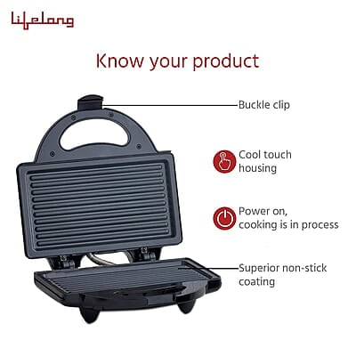 Lifelong LLSM115G 750-Watt 4-Slice Grill Sandwich Maker for with Non-Stick Plates
