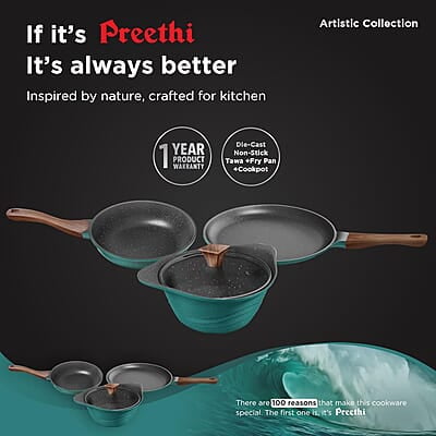 Preethi Artistic Collection Die Cast Non Stick Set, 27 cm Tawa, 24 cm Fry Pan, Kadai 24 cm with Glass Lid Preethi Artistic Collection Die Cast Non Stick Set, 27 cm Tawa, 24 cm Fry Pan, Kadai 24 cm with Glass Lid
