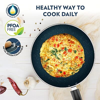 Borosil ProChef Non-Stick Fry Pan, 20 cm, Gas Stove Compatible, Thick Uniform Body for Even Heating, Metal Spoon Friendly, PFOA Free, Blue Exterior, Stir Frying Pan for Eggs, Cutlets, 1 Year Warranty