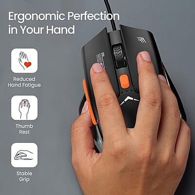 Portronics Vader Wired Gaming Mouse with 6 Buttons, Thumb Support, Adjustable DPI (6400 Max), RGB Light Effects, Ergonomic Design, 1.5 m Long USB Cable for Laptop & PC