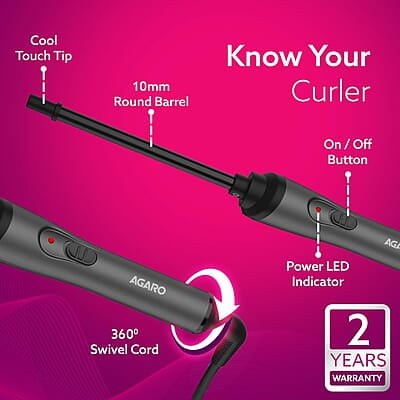 AGARO HC8001 Hair Curler With 10MM Barrel, Rod, Tong, Chopstick Hair Curler, Ceramic Coated Plates