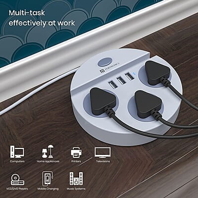 Portronics Power Plate 5 1500W Power Converter with USB Charger & Mobile Holder 3AC Socket + 3USB Ports, 1.5 m Cord Length