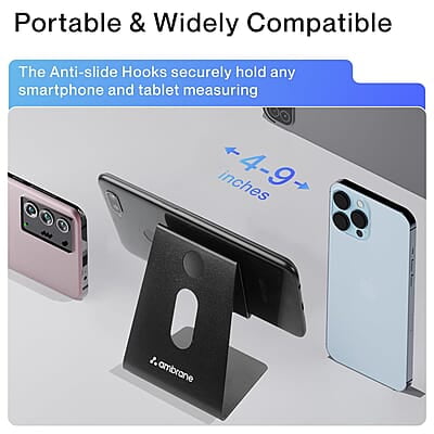 Ambrane Mobile Holding Tabletop Stand, 180 Degree View, Premium Metal Body, Wide Compatibility, Multipurpose, Anti-Skid Design Pop Stand