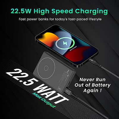 Portronics Luxcell Wireless Mini 10k 10000mAh 15W Magnetic Wireless Fast Charging Smallest Power Bank with 22.5 Wired Output