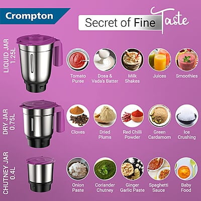 Crompton QUESTA DLX Mixer Grinder 100% Copper Motor & Motor Vent-X Technology (3 Stainless Steel Jars, Lavender)
