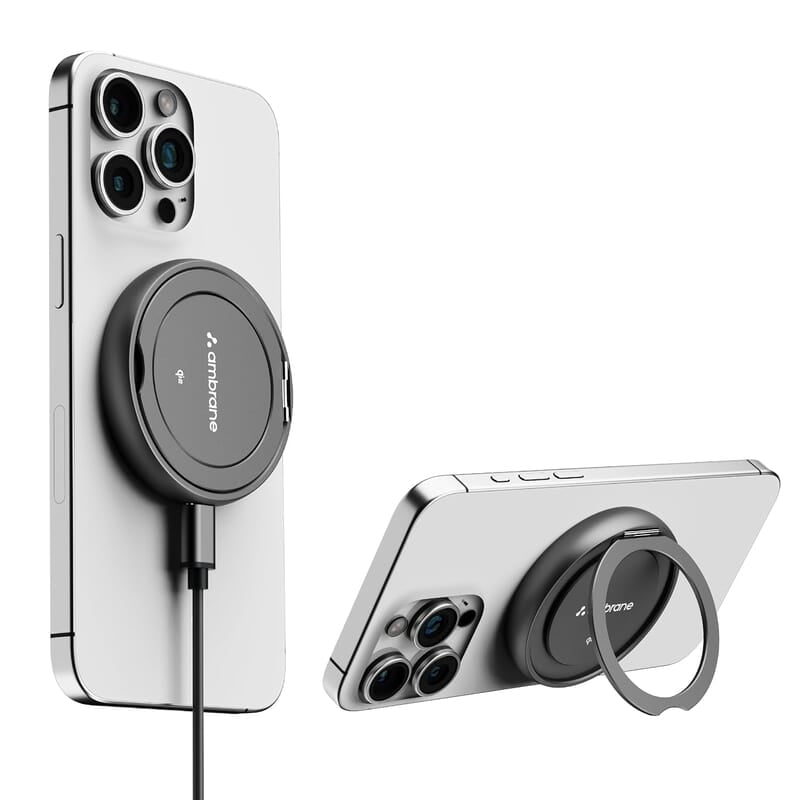 Ambrane 15W MagSafe Wireless Charger & Mobile Stand Lightweight & Foldable for iPhone 15/15 Plus/15 Pro/15 Pro Max, iPhone 12/13/14 Series & Other Qi Devices + Magnetic Ring