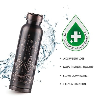 MILTON Copper Swasth Water Bottle, 940 ml, Black Ethnic Lacquer Coating, Curved bottle