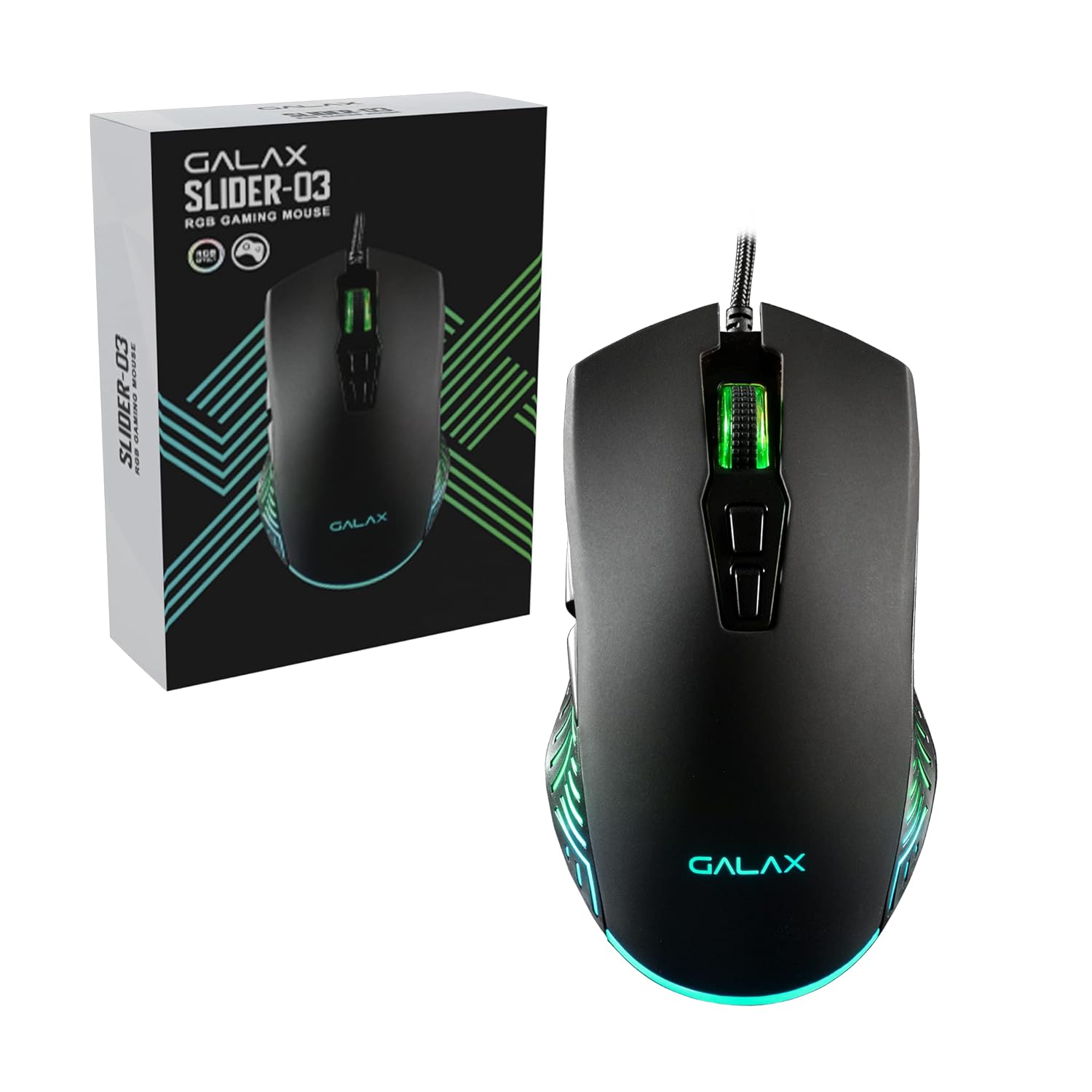GALAX Slider-03 USB Wired Gaming Mouse | 7 Programmable Buttons | Customizable RGB Lights | Ergonomic Design | 7200 DPI Gaming Grade Sensor | 1.5m Braided Cable | 16.8mn Color, Light Weight - Black GALAX Slider-03 USB Wired Gaming Mouse | 7 Programmable Buttons | Customizable RGB Lights | Ergonomic Design | 7200 DPI Gaming Grade Sensor | 1.5m Braided Cable | 16.8mn Color, Light Weight - Black