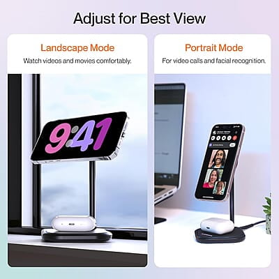 Ambrane 20W MagSafe 2in1 Wireless Charger & Mobile Stand for Both iPhone & Airpods (iPhone 15/15 Plus/15 Pro/15 Pro Max, iPhone 12/13/14 Series) & Qi Devices + Magnetic Ring