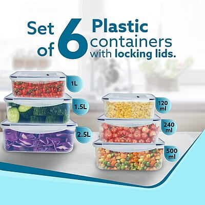 AGARO Airtight Container, Food Storage Container with Lid Set of 6, 120Ml, 240ml, 500ml, 1L, 1.5L, 2.5L