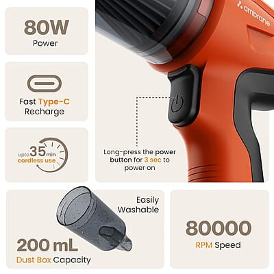 Ambrane 12kPA Powerful Suction 80W Wireless Hand Vacuum & Air Blower 2-in-1 Wireless Vacuum Cleaner