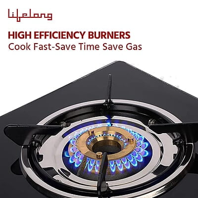 Lifelong LLGS201 Open Single Burner Glass Gas Stove , Manual Ignition, Black