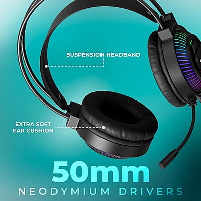 ZEBRONICS Jupiter 3.5mm Premium Gaming Over Ear Headphone with 50mm Neodymium Drivers, Extra Soft Ear Cushion,Suspension Headband, Braided Cable,Volume Controller, Multicolor Lights, Pop Filter