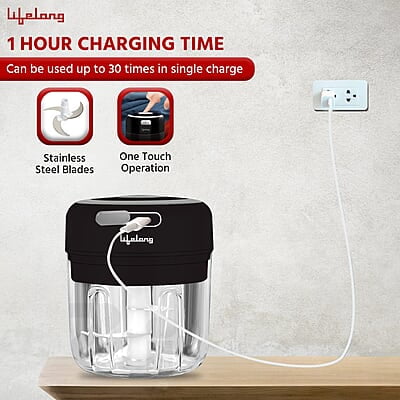 Lifelong USB Rechargeable Wireless Electric Chopper with Stainless Steel Blades 250 ML (Black) 30 Watts