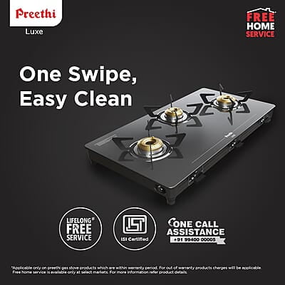 Preethi Luxe 3 Burner Glass Top Gas Stove With Driptray Less Infinity Design