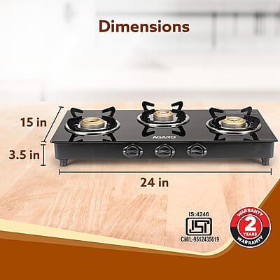 AGARO Elite 3 Burners Gas Stove, Toughened GlassTop, Round Brass Burners, 1 Small, 1 Medium & 1 Big Size Burner