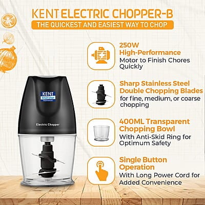 KENT Electric Chopper-B for Kitchen 250 Watt | Chop, Mince, Puree, Whisk, 400 ml Capacity | Stainless Steel Double Chopping Blades | Transparent Chopping Bowl | Anti-Skid | One Touch Operation | Black