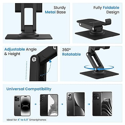 Ambrane 360° Rotation, Foldable Design Mobile Stand with Stable Metalic Round Base, Multiple Height & Angle adjustments Compatible with Smartphones, Tablets, Kindles & iPad Twistand 360
