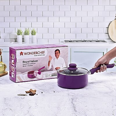 Wonderchef Royal Velvet 18cm Sauce pan with Glass Lid 3 mm thick 2 litres Wonderchef Royal Velvet 18cm Sauce pan with Glass Lid 3 mm thick 2 litres