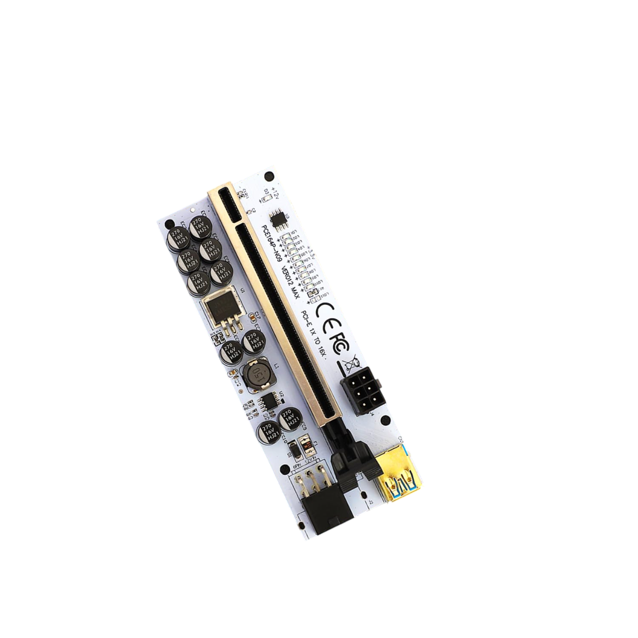 ​Geonix PCI-E 1X to 16X Riser Card, 10 Capacitors, 11 LED Indicators, SATA Power Cable (20cm), USB Cable (60cm) - PCE164P-N09 VER012 MAX
