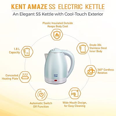KENT Amaze Cool Touch Electric Kettle 1.8 L 1500 W - Plastic Outer & Stainless Steel body Inside | Auto shut off Over heating protection | 360 Degree Cordless Rotation | LED Indicator | Blue