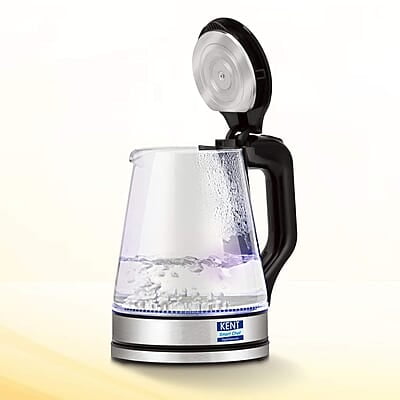 KENT 16023 Electric Glass Kettle 1.7 L | 1500W | Stainless Steel Heating Plate | Borosilicate Glass Body | Boil Drying Protection | 360° Rotating Base