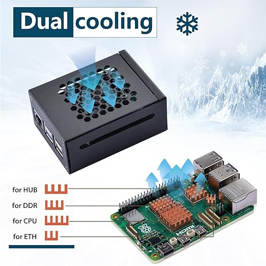52Pi Raspberry Pi 5 Aluminum Black Case with Built-in Heat Dissipation Column and Heatsinks