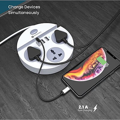 Portronics Power Plate 5 1500W Power Converter with USB Charger & Mobile Holder 3AC Socket + 3USB Ports, 1.5 m Cord Length