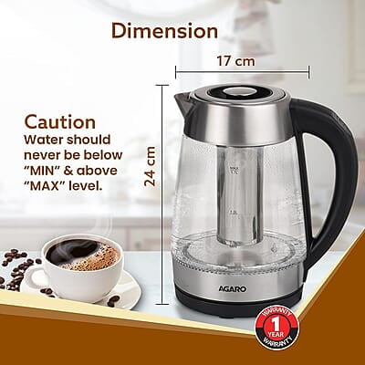 AGARO Supreme Electric Glass Kettle With Tea & Coffee Infuser, 1.7 liter, Borosilicate Glass Body 1850W