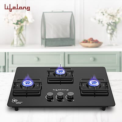 Lifelong 3 Gas Burner Top - 3 Burners Hob Top Gas Stove with Automatic Ignition - Toughened Glass top Gas Stove